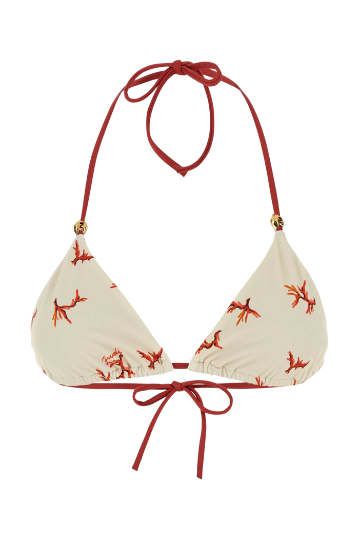 Printed Stretch Nylon Bikini Top Offwhite+marsala Costumi Da Bagno