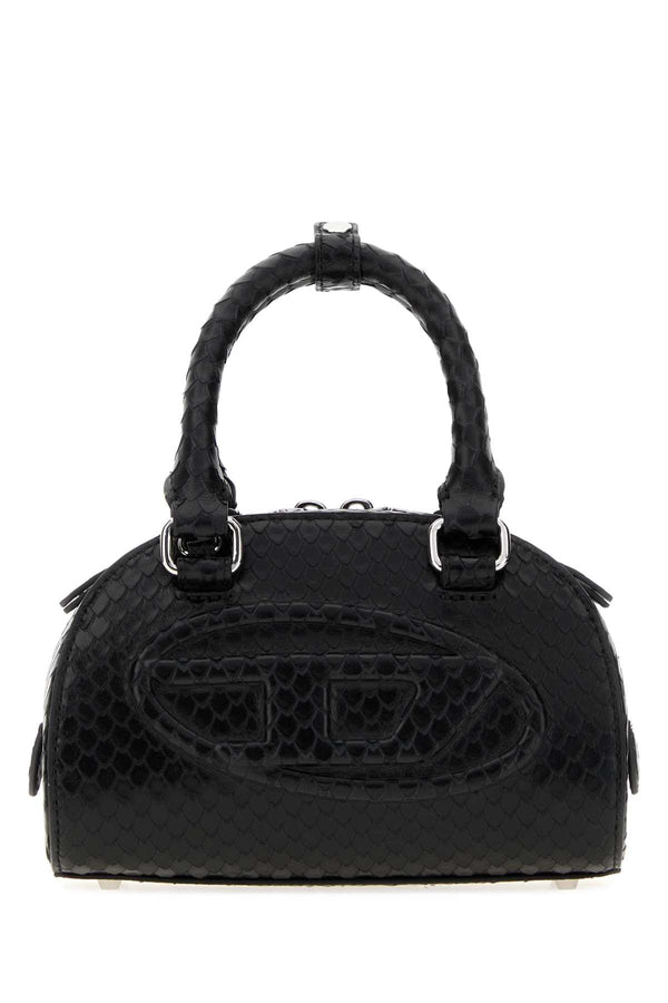 Diesel Dome Exterior: 100% Bovine leather; Lining: 100% Fabric; Finishing: Silver metal top handle bag in black