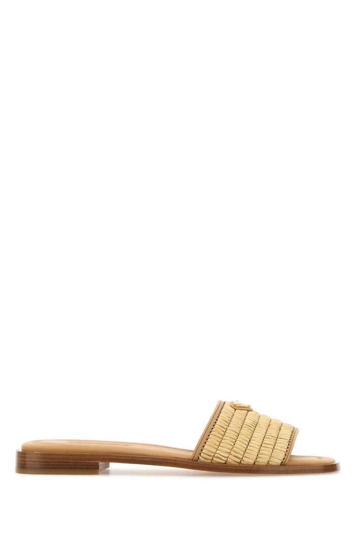 Beige Raffia And Leather Slippers Naturale