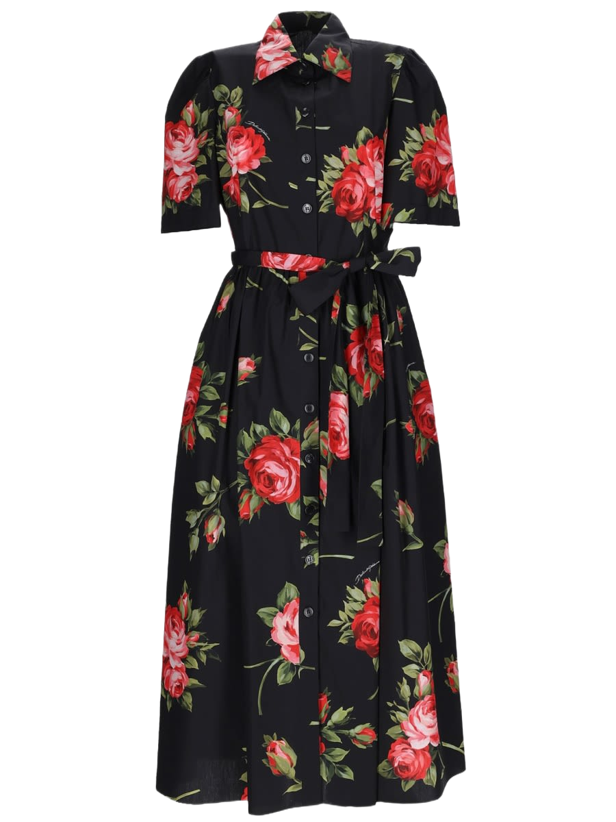 Midi Dress With Bouquet Print Black Cotton
