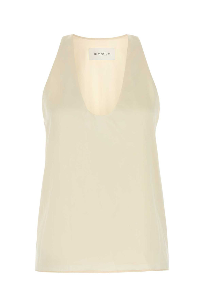 Cream Stretch Satin Bianca Top Maglie