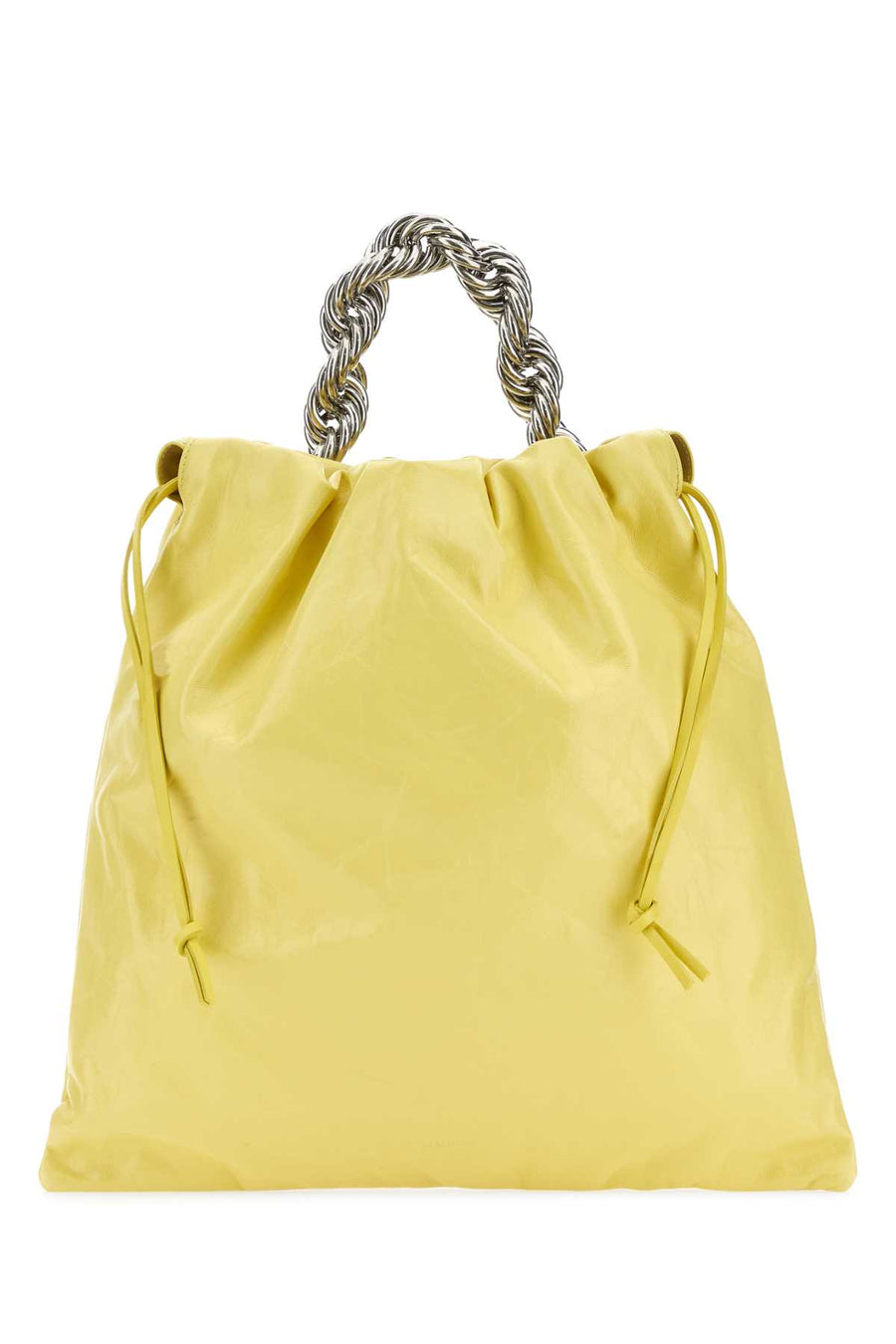 Jil Sander Mano Exterior: 100% Calf Lining: 100% Lamb Finishing: Silver metal bucket bag in yellow