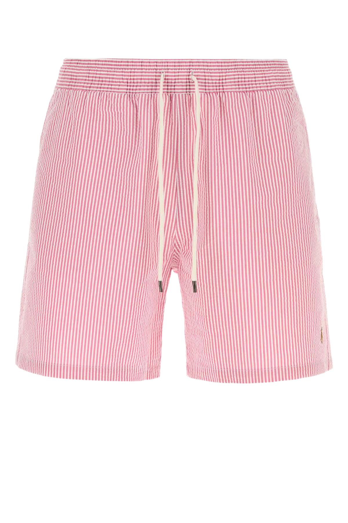 Embroidered Stretch Cotton Blend Swimming Shorts Resortrosestripe Costumi Da Bagno
