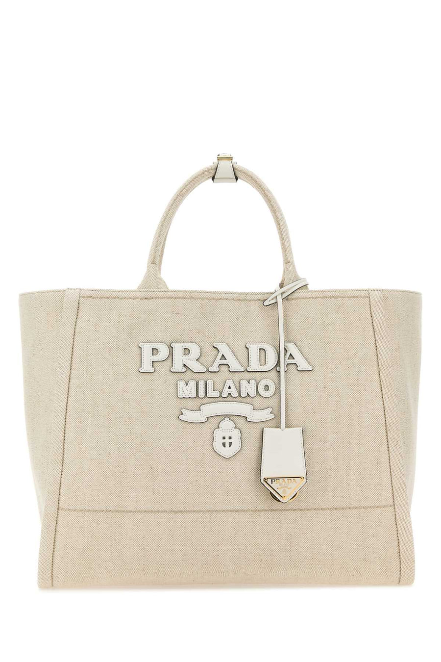 Prada Exterior: 100% Fabric; Lining: 100% Fabric; Finishing: Golden metal tote bag in beige