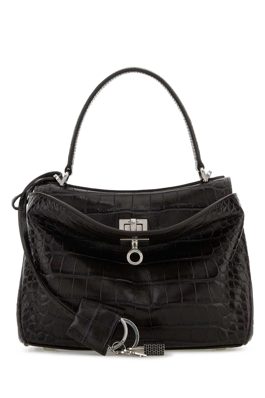 Balenciaga Handle Exterior: 100% Calf Lining: 100% Nappa leather Finishing: Silver metal top handle bag in black