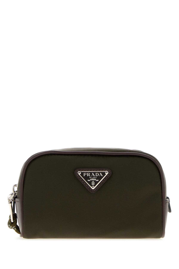 Prada Exterior: 100% Fabric Finishing: Silver metal travel wallet in olive green