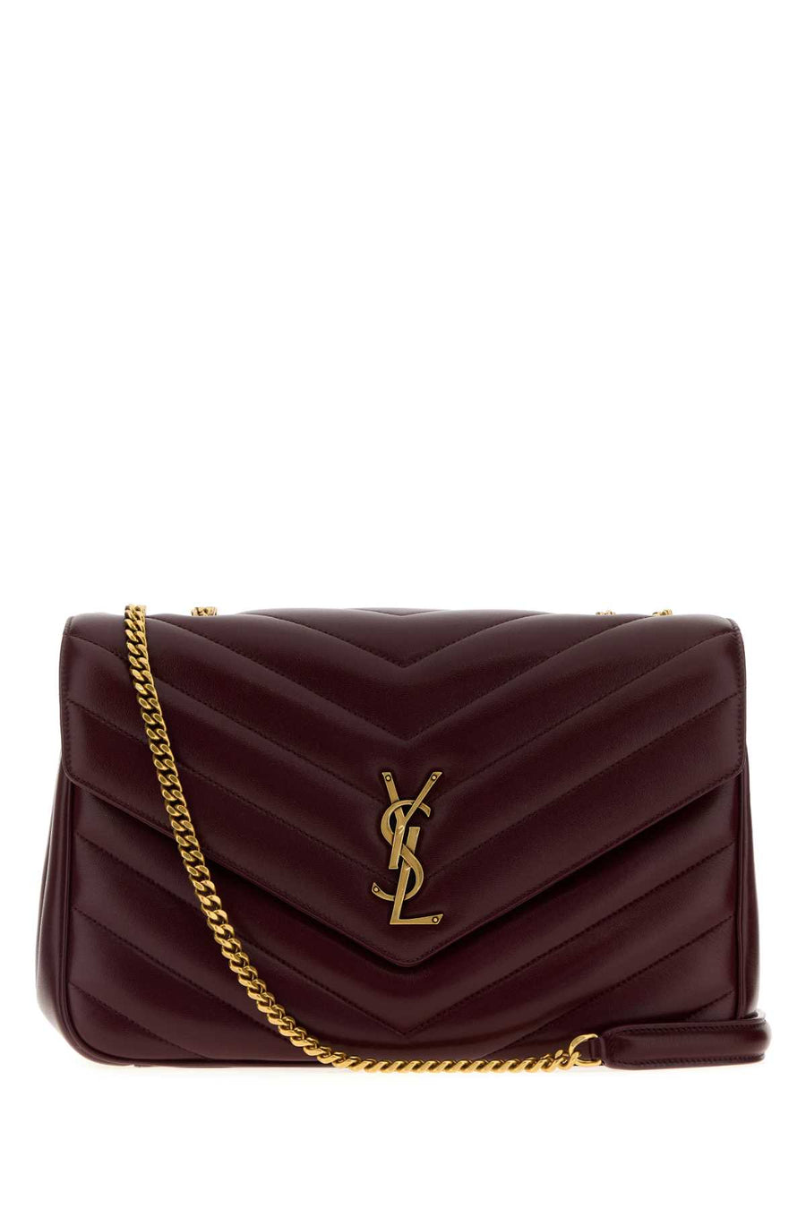Saint Laurent Loulou Exterior: 100% Lamb Lining: 100% Fabric Finishing: Antiqued golden metal shoulder bag in burgundy