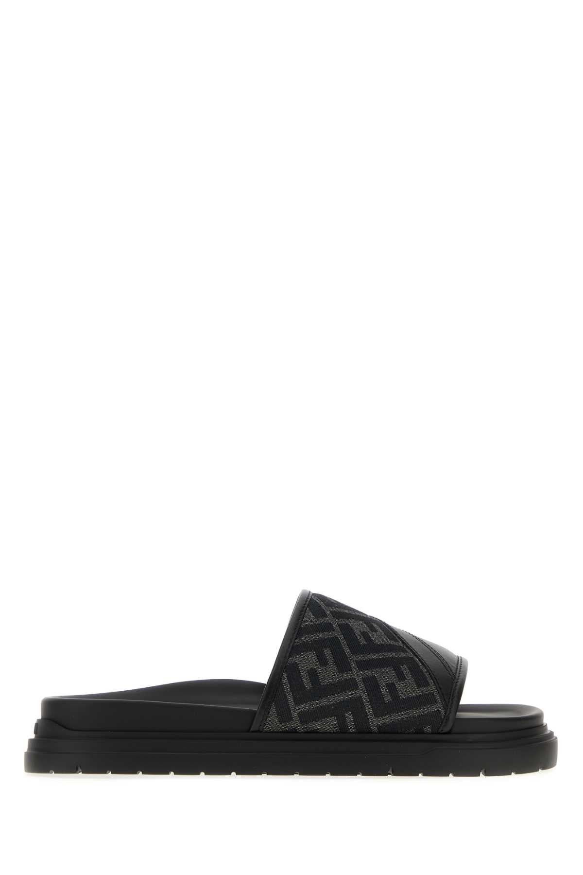 Embroidered Canvas And Leather Fendi Diagonal Slippers Tabacco + Giallo