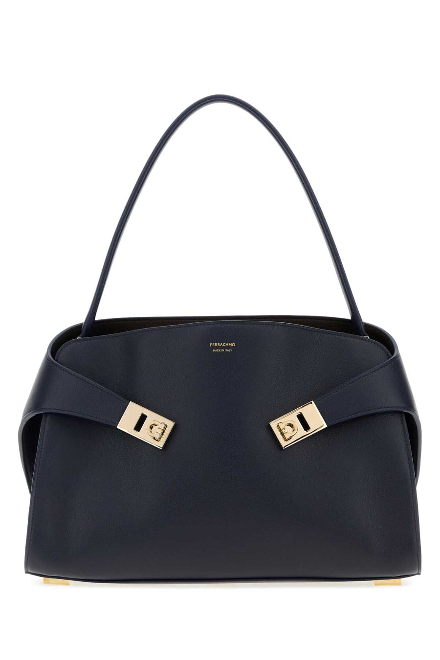 Ferragamo Exterior: 100% Calf; Lining: 100% Leather; Finishing: Golden metal shoulder bag in navy