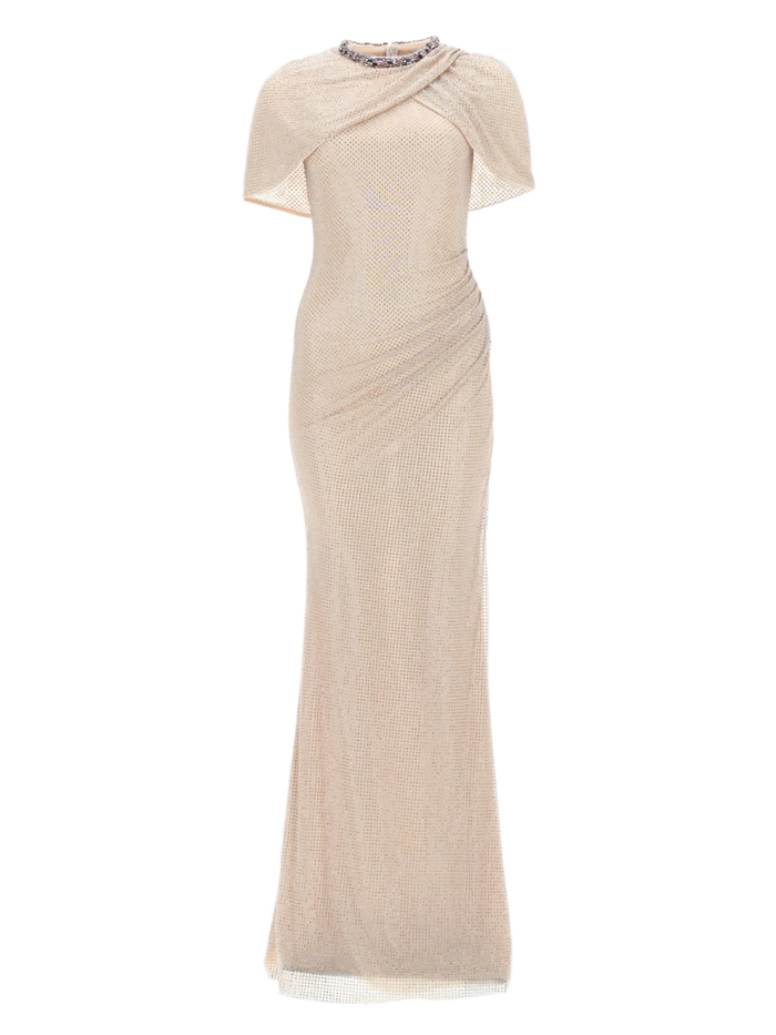 Long Dress With Crystals Beige Polyester Elastane