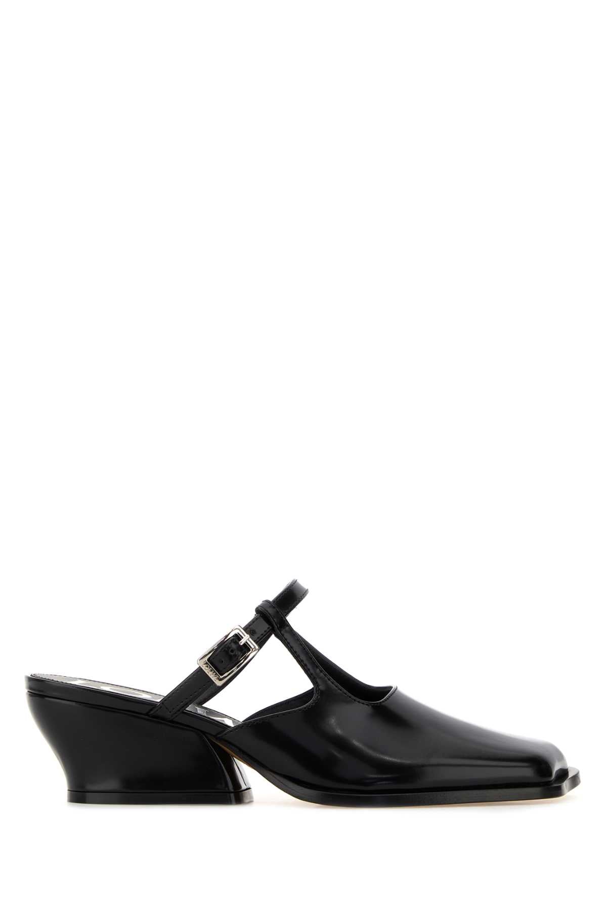 Black Leather Onda Mules Scarpe Con Tacco