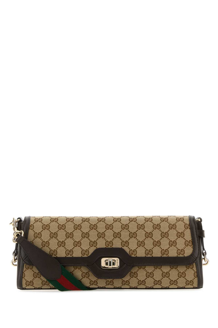 Gucci Exterior: 100% Fabric. Lining: 100% Fabric. Finishing: Golden metal shoulder bag in beige