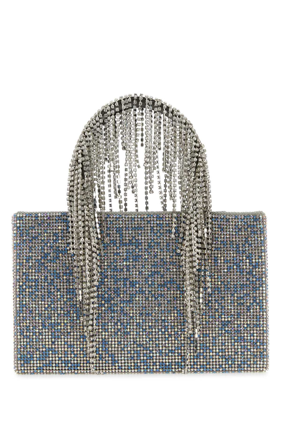Kara Exterior: 100% Fabric with 100% Rhinestones; Lining: 100% Fabric; Finishing: Silver metal top handle bag in blue