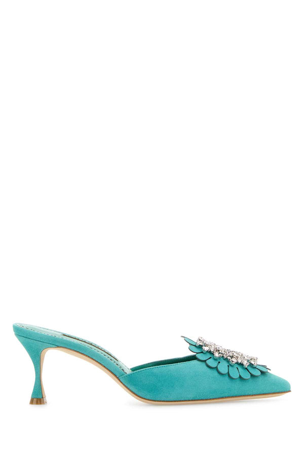 Manolo Blahnik Gala Exterior: 100% Suede mule in turquoise
