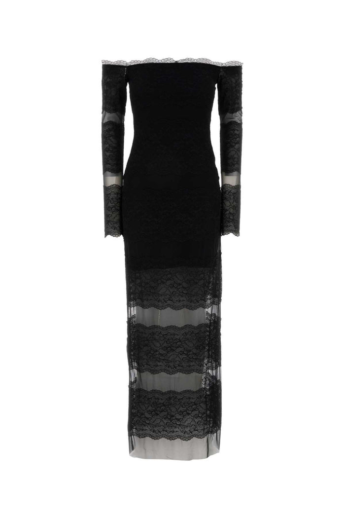 Black Lace And Mesh Long Dress Abiti Lunghi