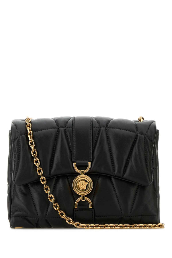 Versace Exterior: 100% Lamb Leather; Lining: 100% Fabric; Finishing: Gold-tone metal shoulder bag in black