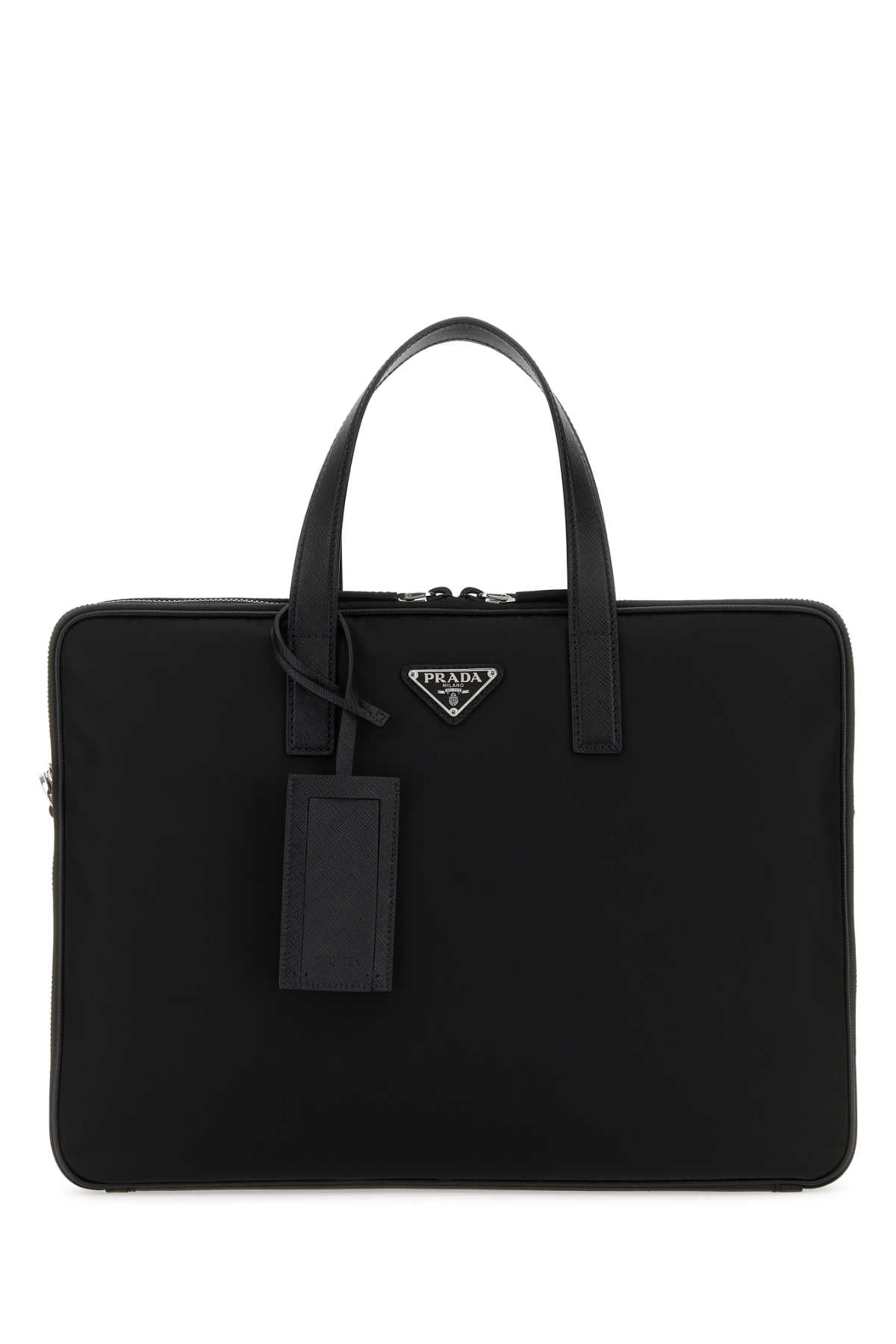 Black Nylon Brief Case Nero Recycledpolyamide-calfleather Borse A Mano