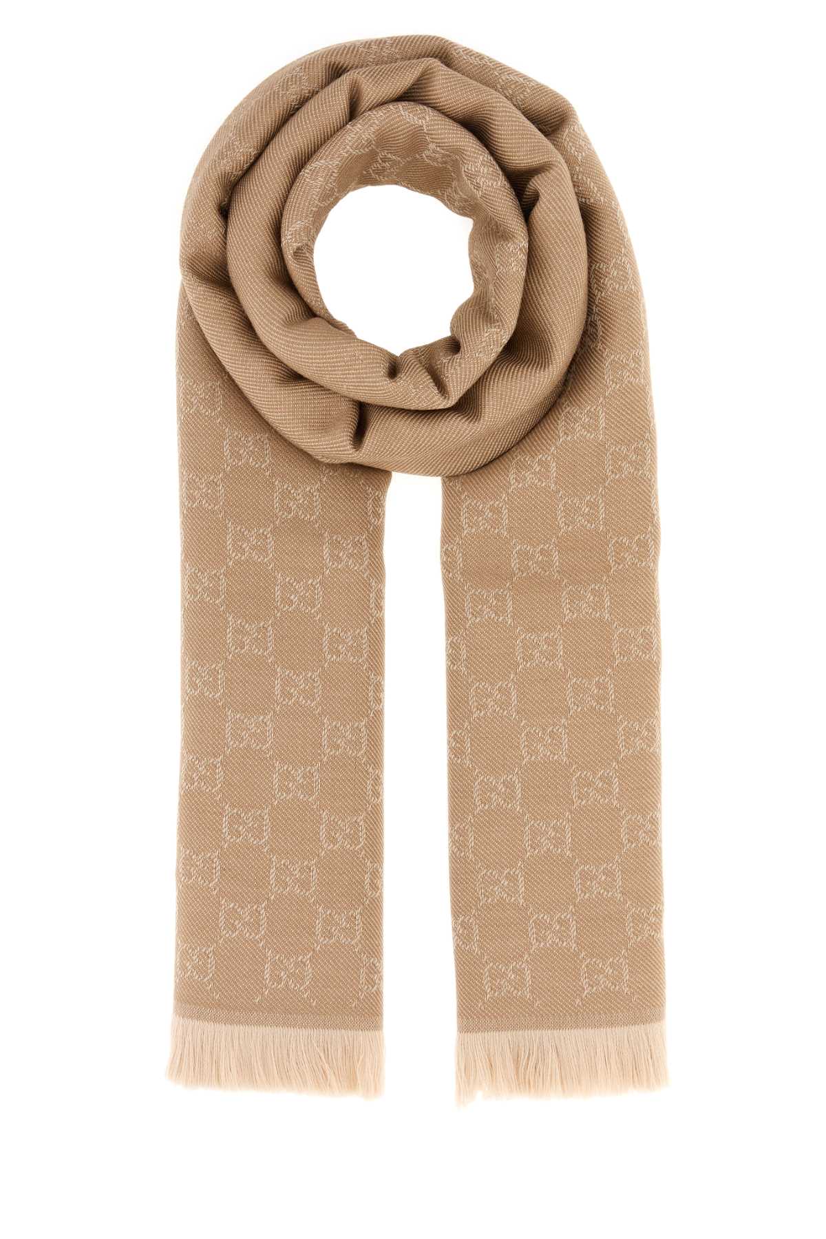 Embroidered Wool Scarf Camelivory Fabric Sciarpe E Foulard