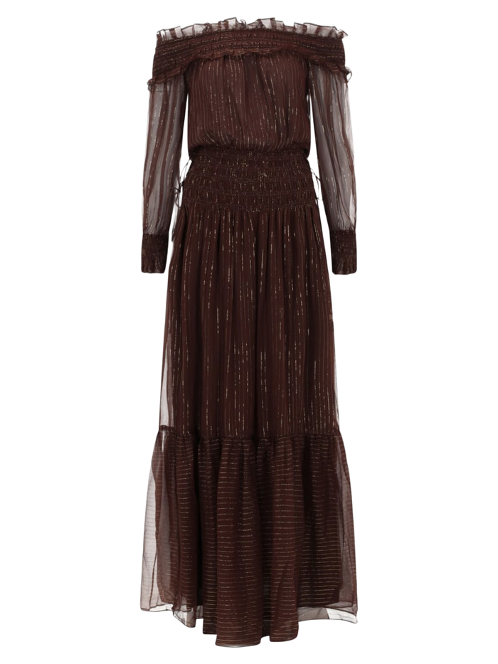 Dress With Ruffles And Flounces Brown Silk Metallic