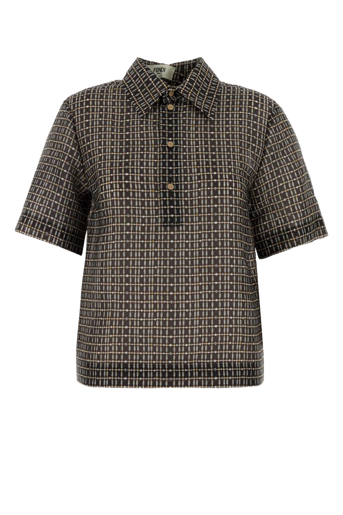 Printed Silk Blend Polo Shirt Navy Exterior: Nylon