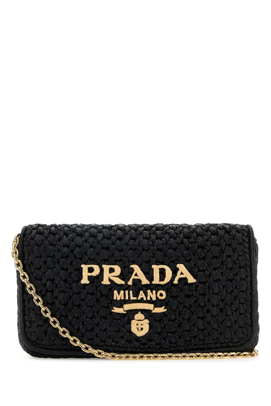 Prada Exterior: 100% Raffia; Lining: 100% Leather; Finishing: Golden metal crossbody bag in black