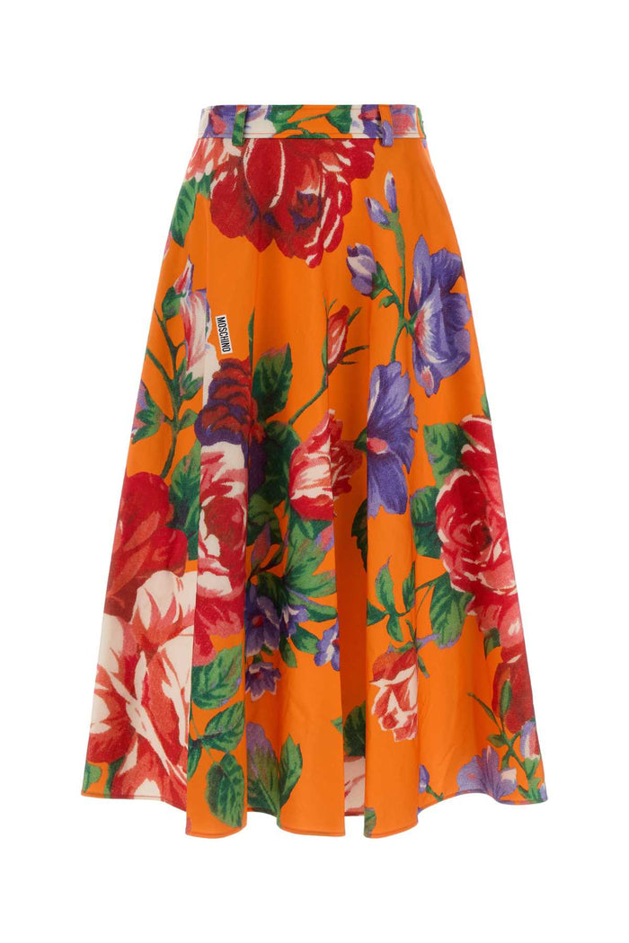 Printed Stretch Cotton Skirt Fantasiaarancio Exterior: Elastane Gonne