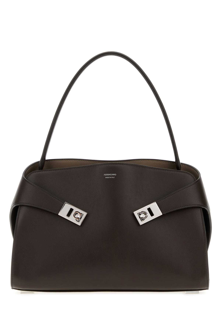 Ferragamo Exterior: 100% Calf Lining: 100% Leather Finishing: Silver metal shoulder bag in brown