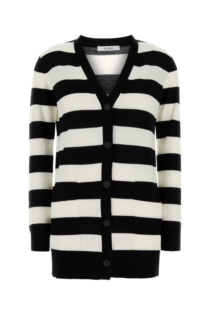 Embroidered Wool Fiemme Cardigan Bianco Nero Exterior: Virgin Maglieria
