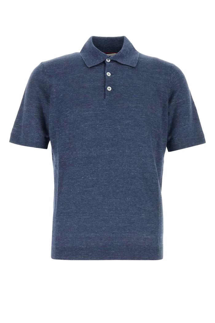 Melange Blue Linen Blend Polo Shirt Denim Exterior: Cotton Maglieria