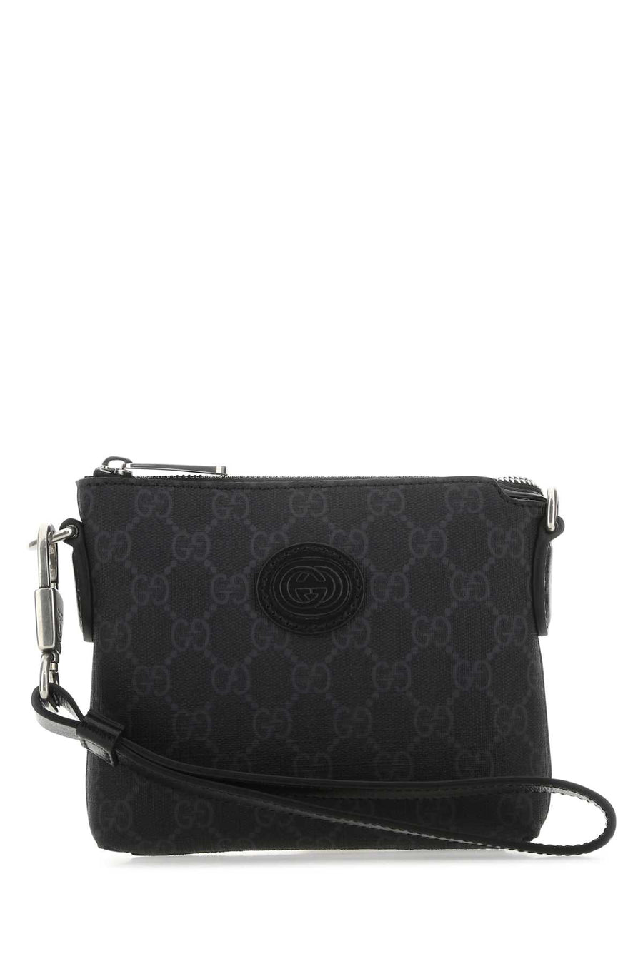 Gucci Exterior: Fabric and Leather; Lining: Fabric; Finishing: Silver metal crossbody bag in black