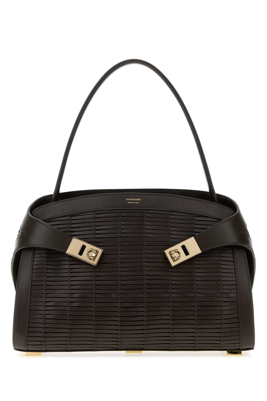 Ferragamo Exterior: 100% Calf Lining: 100% Fabric Finishing: Golden metal shoulder bag in black