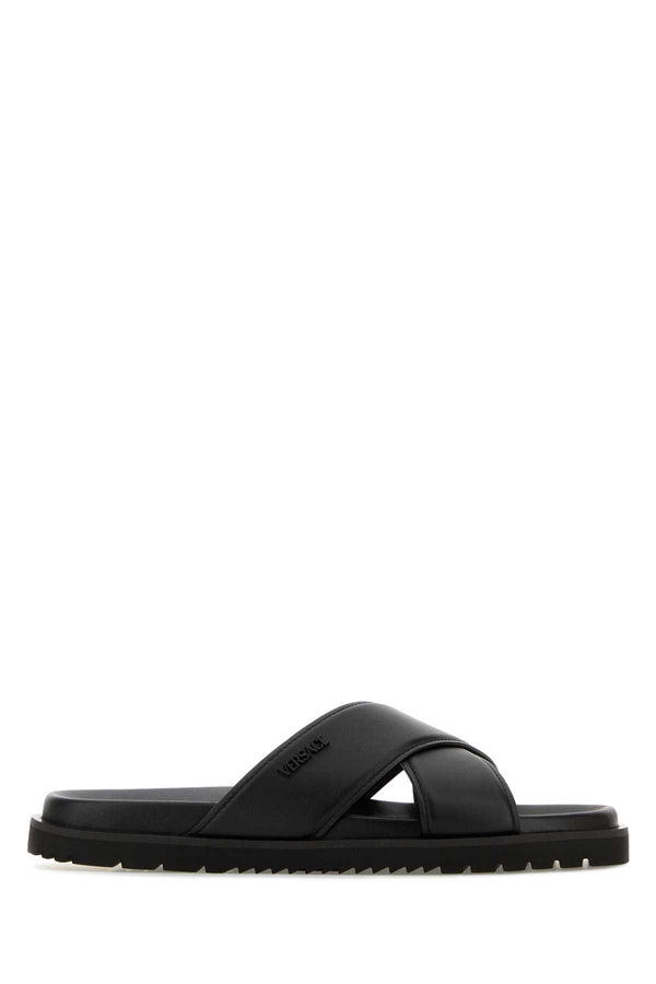 Versace Soft Exterior: 100% Calf Leather slide sandal in black