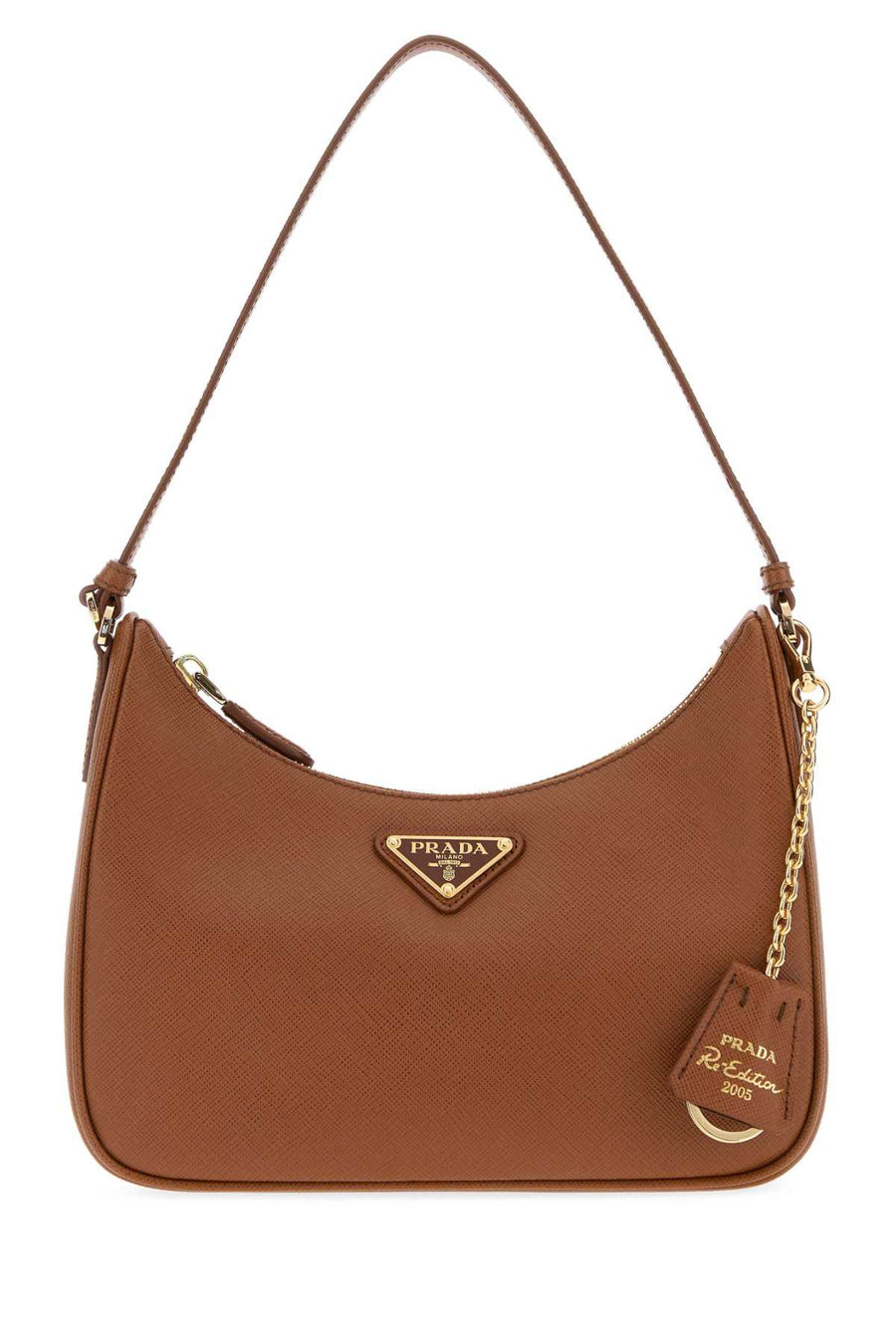 Prada Maniglia Exterior: 100% Leather; Lining: 100% Fabric; Finishing: Golden metal shoulder bag in cognac