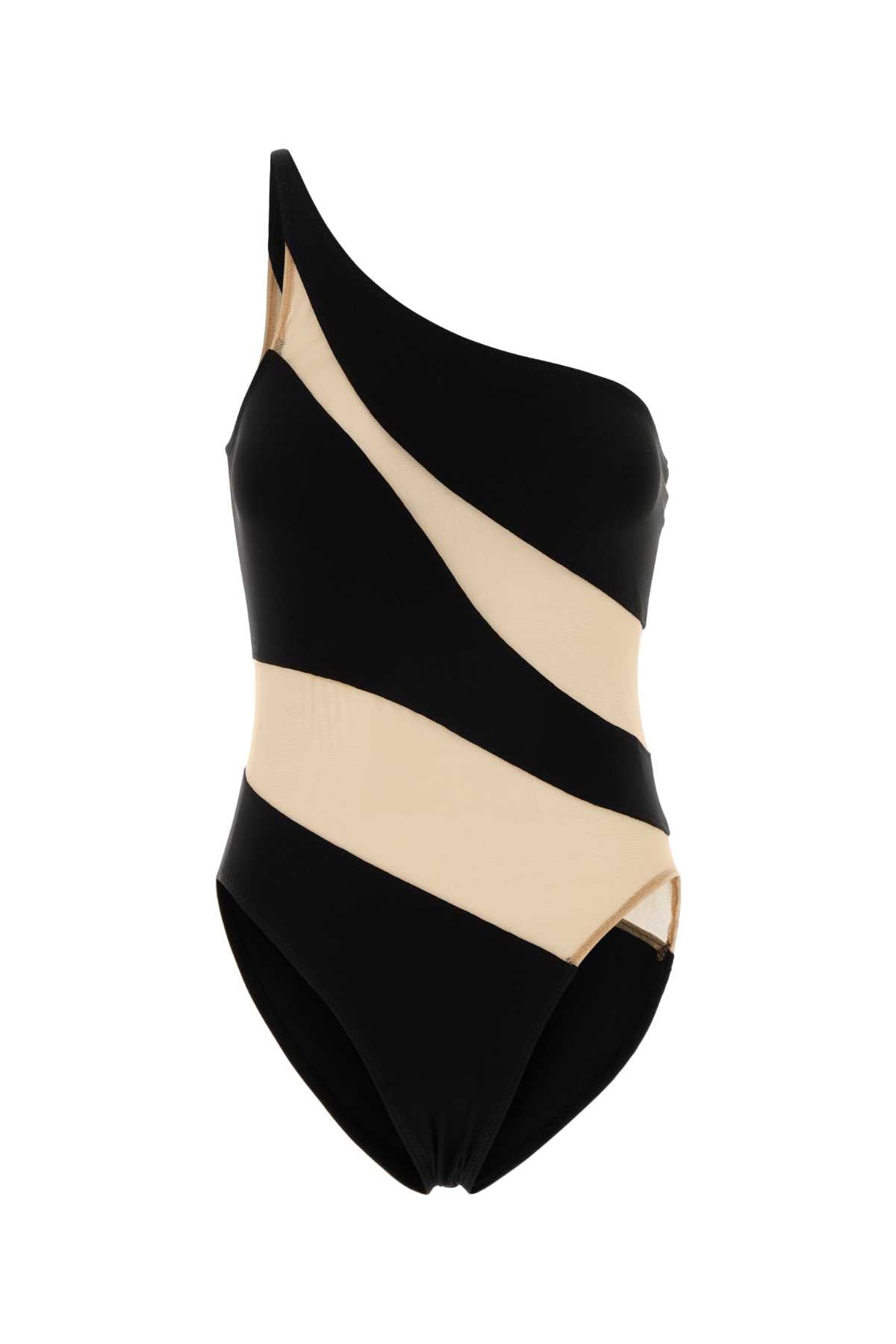 Two-Tone Jersey And Tulle Swimsuit Black Costumi Da Bagno