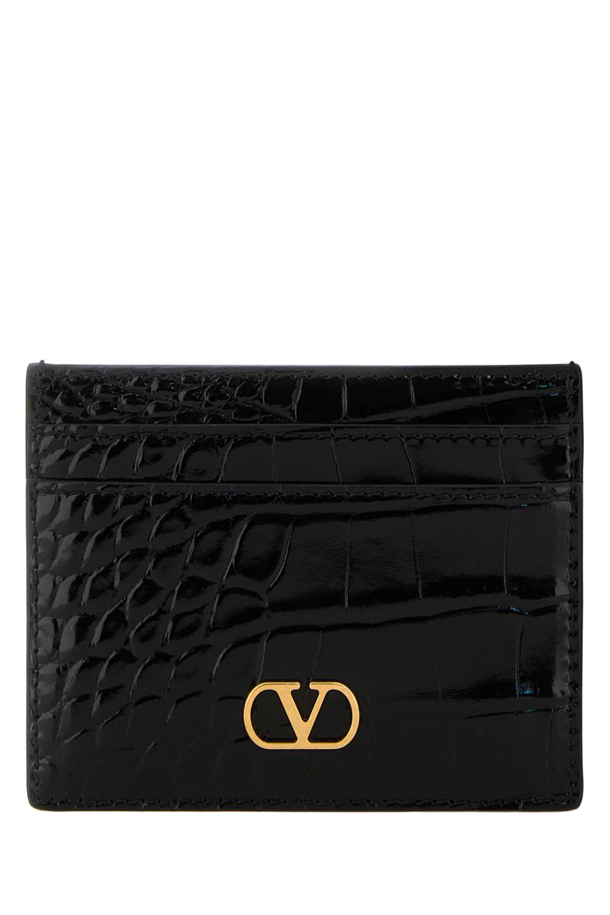 Black Leather Vlogo Card Holder Nero Portafogli
