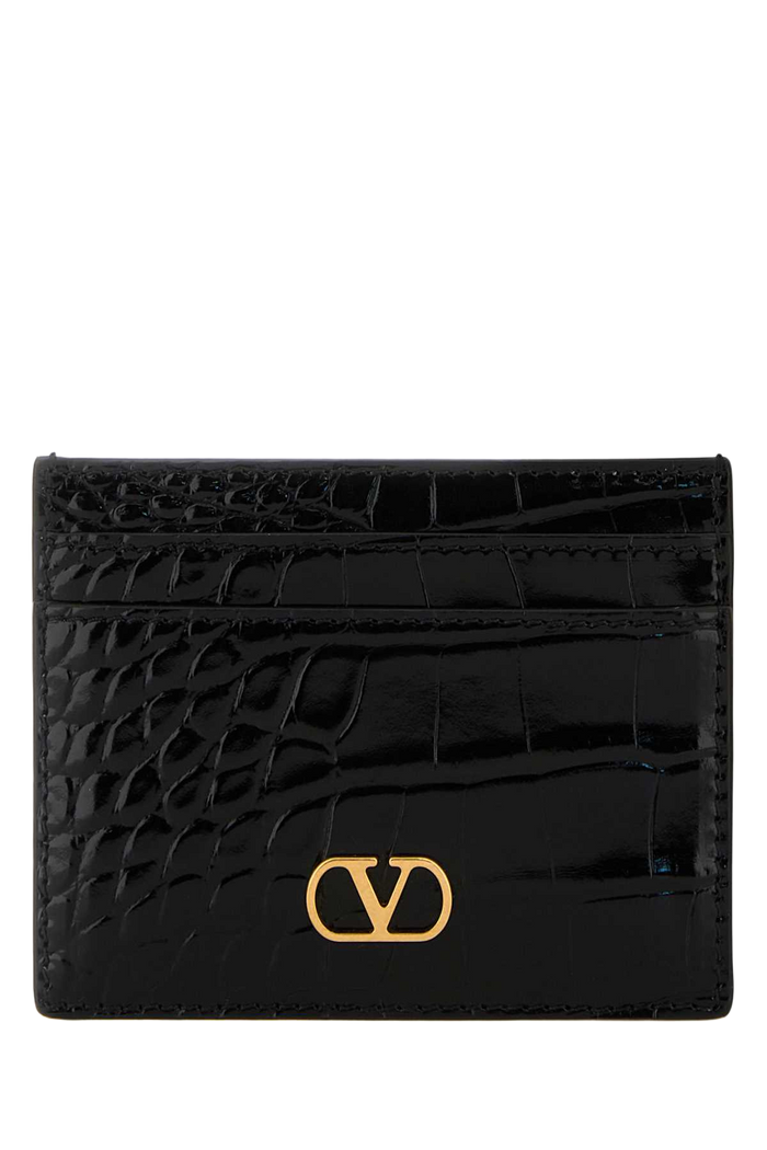 Black Leather Vlogo Card Holder Nero Portafogli