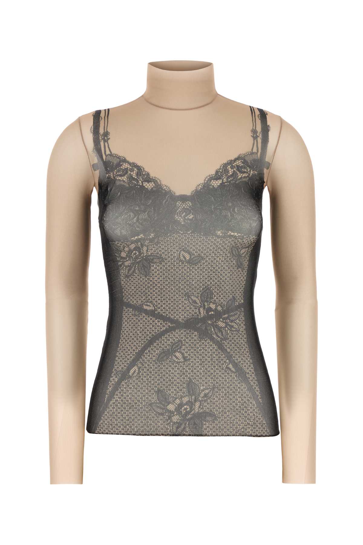 Printed Stretch Tulle Top Black/light Beige Exterior: Nylon Elastane Maglie