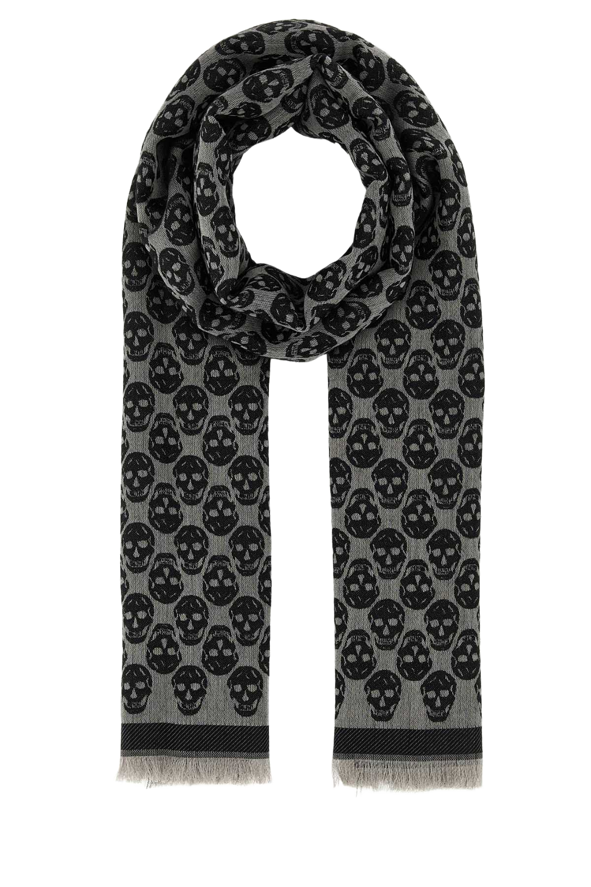 Embroidered Wool Blend Foulard Greyblk Sc Skull Monogram Sciarpe E