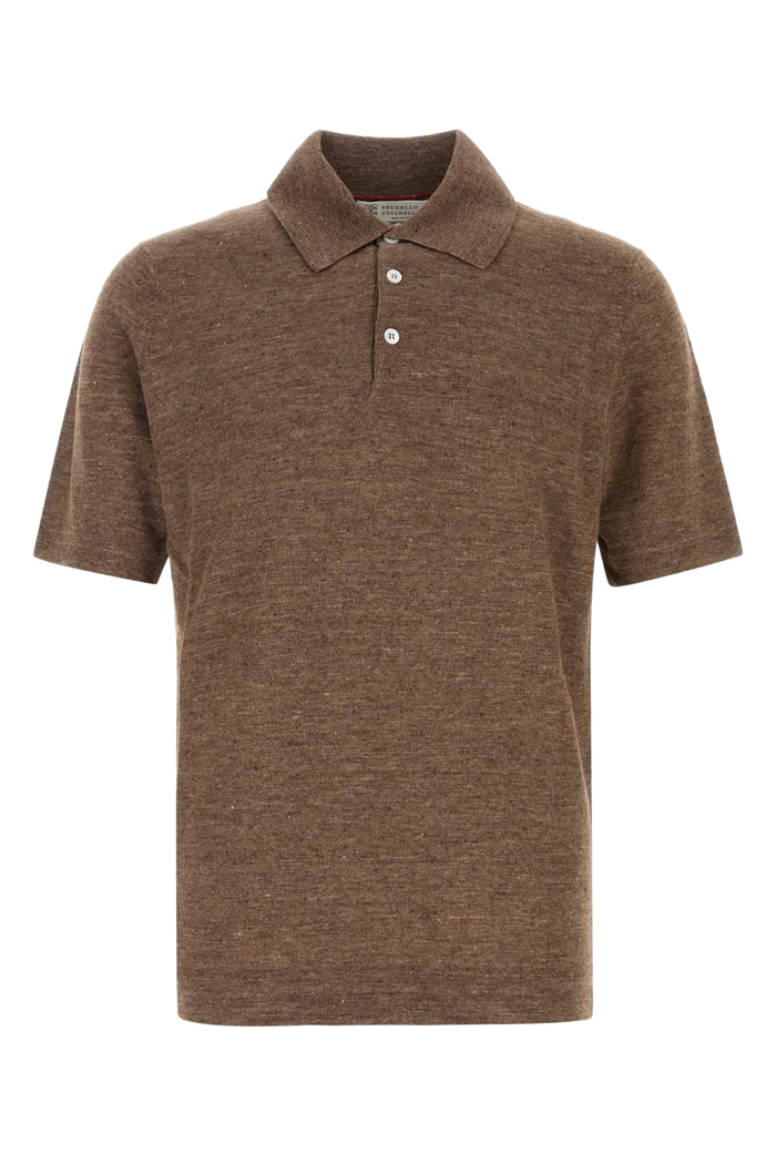 Melange Brown Linen Blend Polo Shirt Nocciola Exterior: Cotton Maglieria