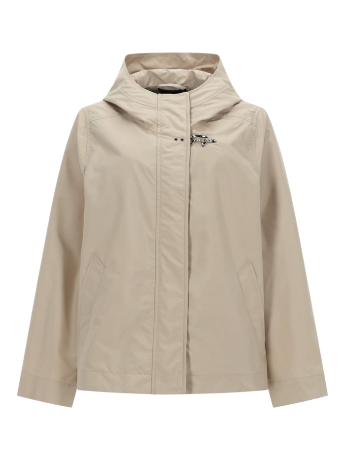 Short Parka With Hook And Loop Closure Beige Polyester Sports Jackets
