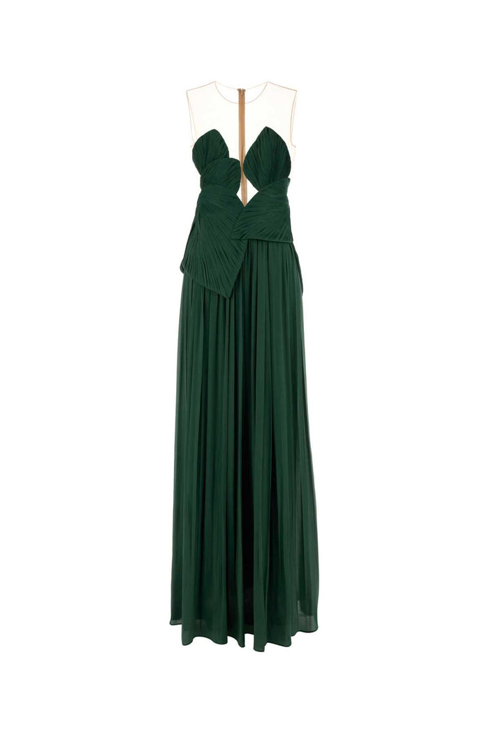 Dark Green Georgette Serenne Long Dress 2472evergreen Exterior: Polyester Abiti Lunghi