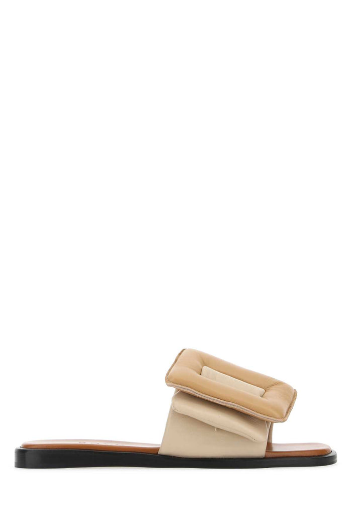 Two-Tone Leather Puffy Slippers Ivorybeachpecan
