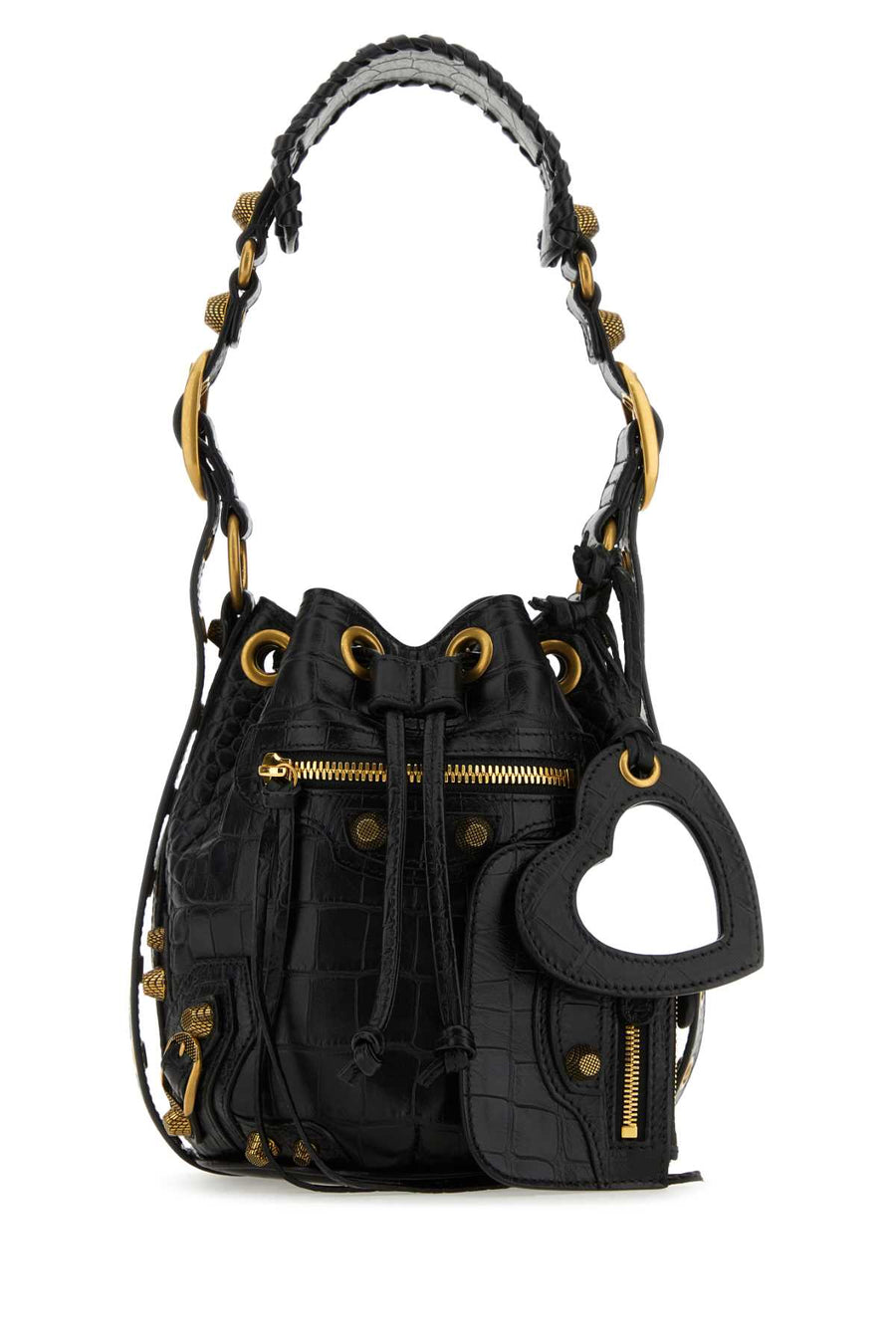 Balenciaga Exterior: 100% Calf Lining: 100% Cotton Finishing: Antiqued golden metal bucket bag in black