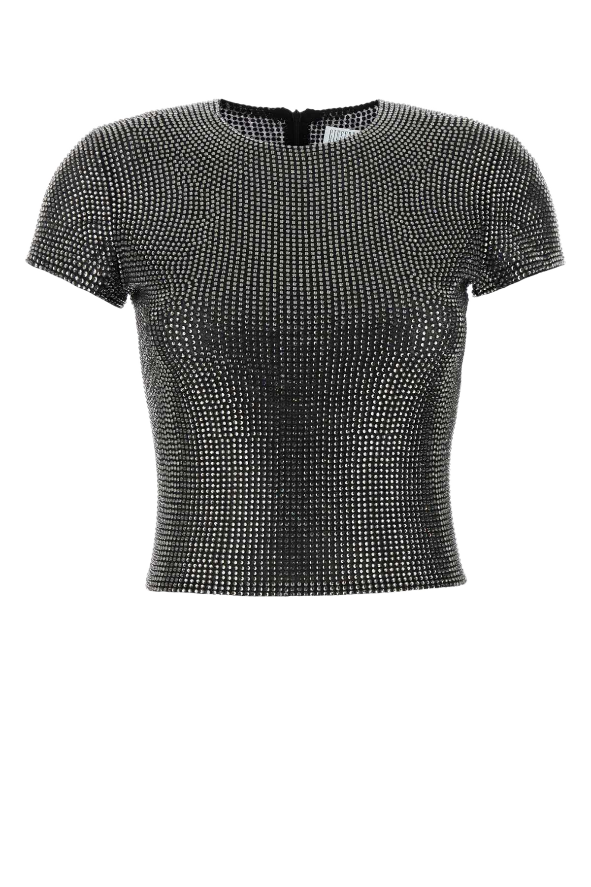 Embellished Stretch Mesh T-Shirt Black Exterior: Nylon Elastane
