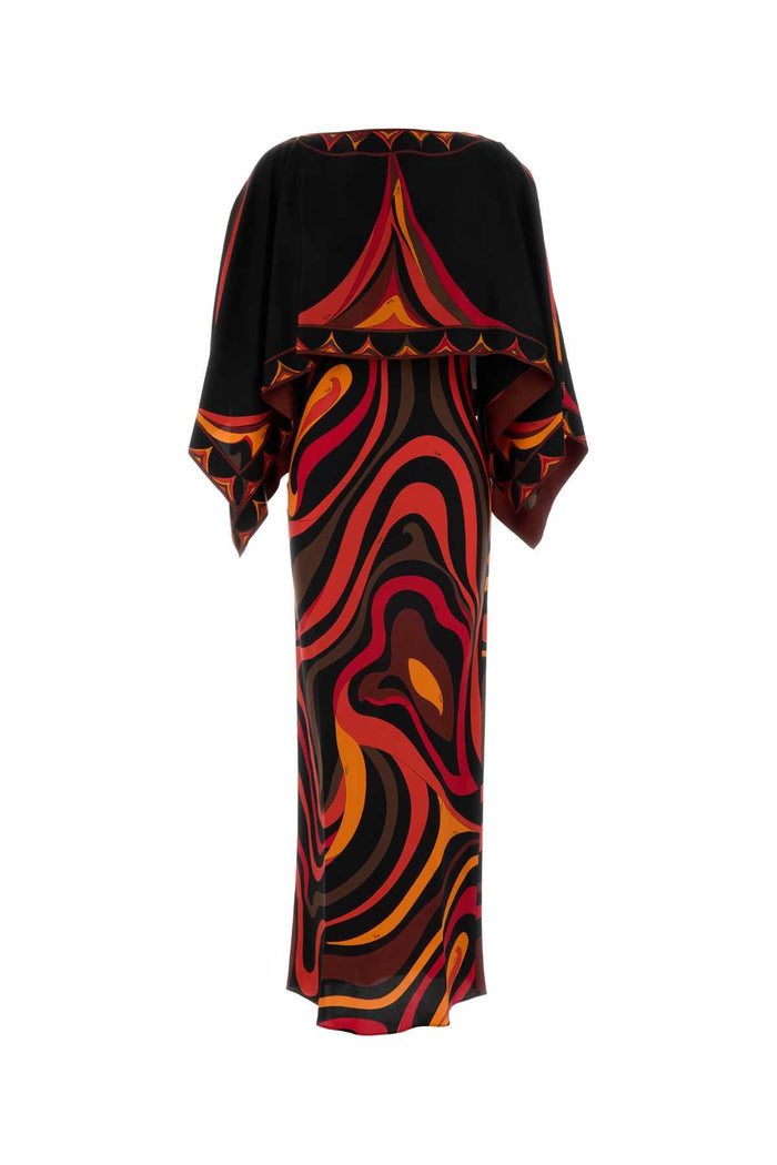 Printed Silk Dress Orangeblack Exterior: Abiti