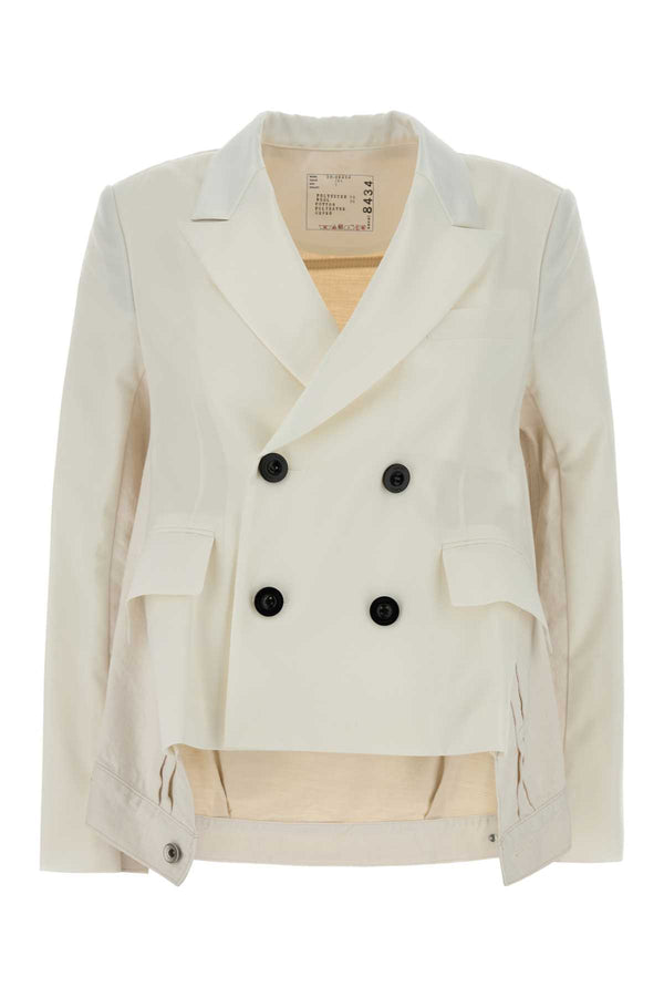 Sacai Suiting Exterior 1: 70% Polyester 30% Wool; Exterior 2: 100% Cotton blazer in white