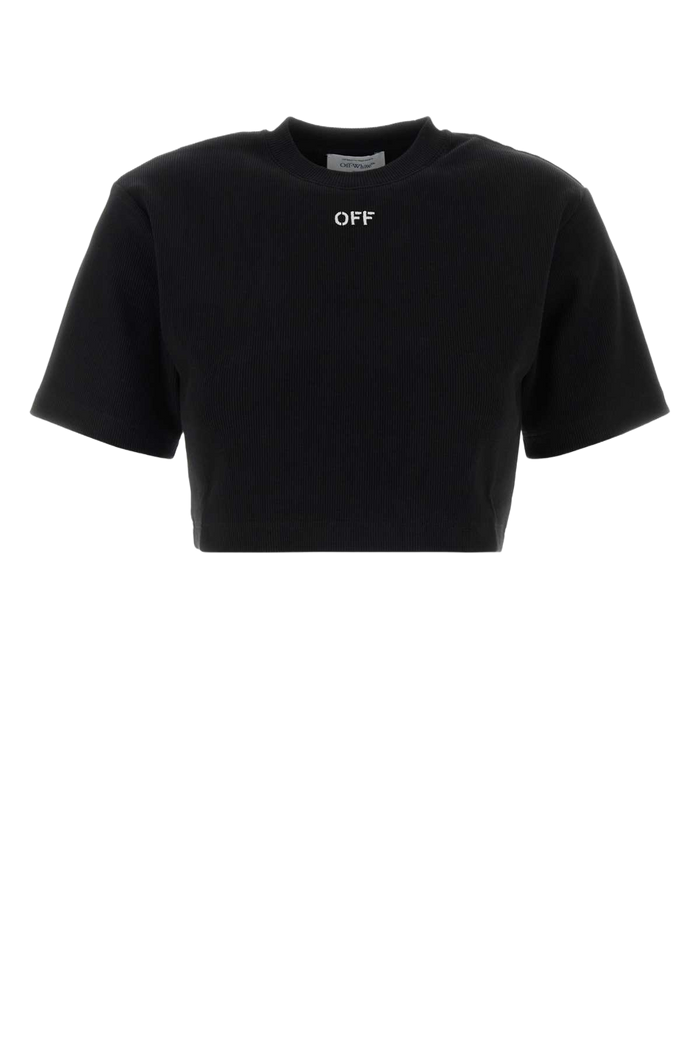 Black Stretch Cotton T-Shirt Blackwhite Exterior: Elastane