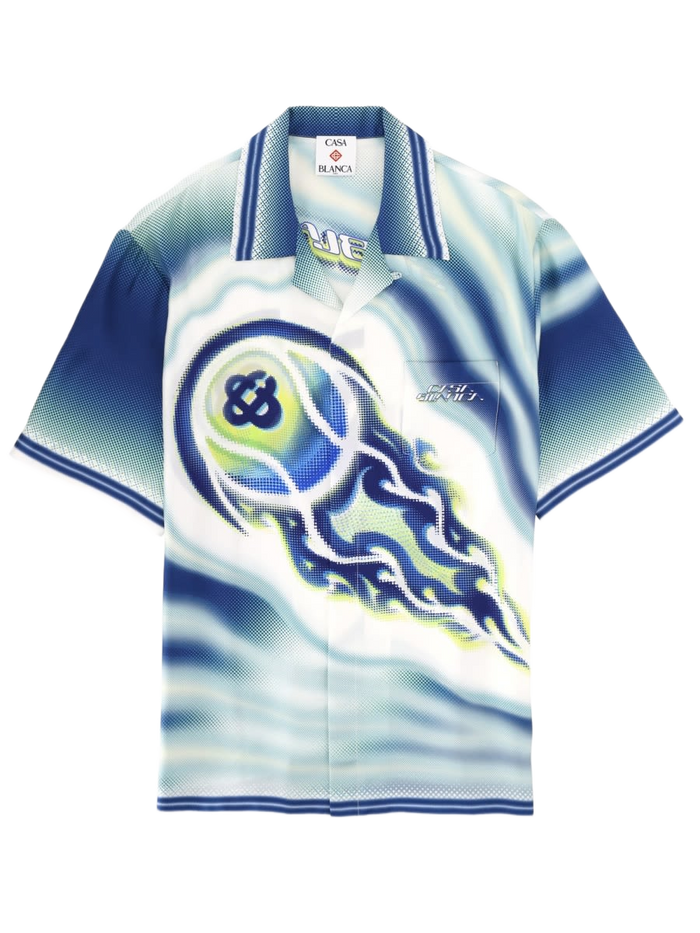 Flaming Tennis Ball Shirt Blue Silk