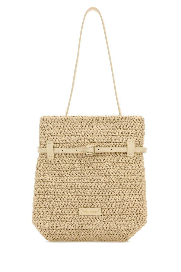 Manu Atelier Tote 100% Raffia; Golden metal finishing shoulder bag in beige