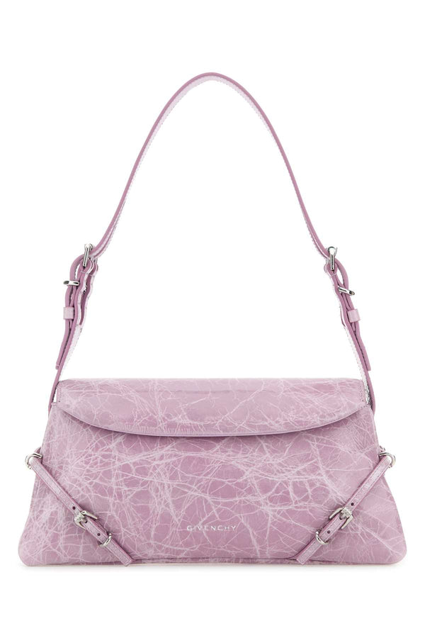 Givenchy Voyou Exterior: 100% Calf Lining: 78% Viscose 17% Nylon 5% Acrylic Finishing: Silver metal shoulder bag in purple